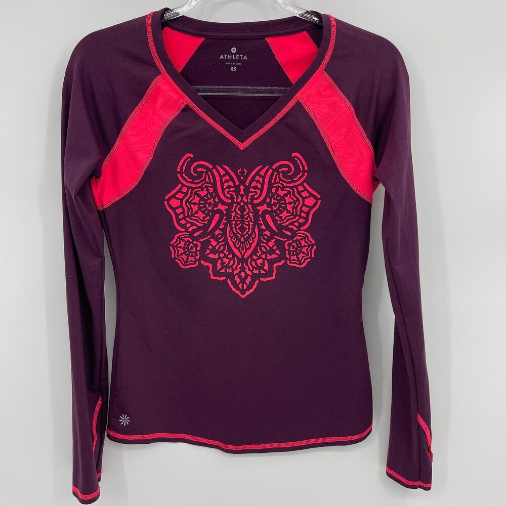 ATHLETA Womens Long Sleeve Shirt Size XS Laser Cut Design Fitted Athletic Top